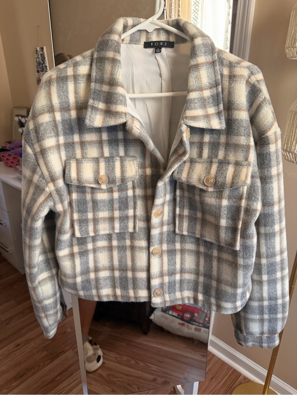 FORE Plaid Teddy Shacket - Cream & Gray